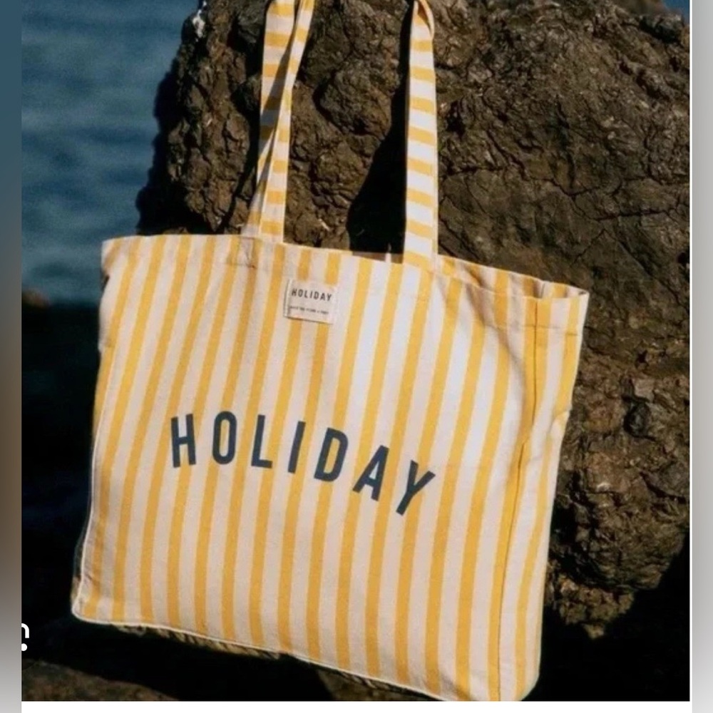 Sezane Holiday Summer Yellow Stripe Cotton Flat Bottom Tote